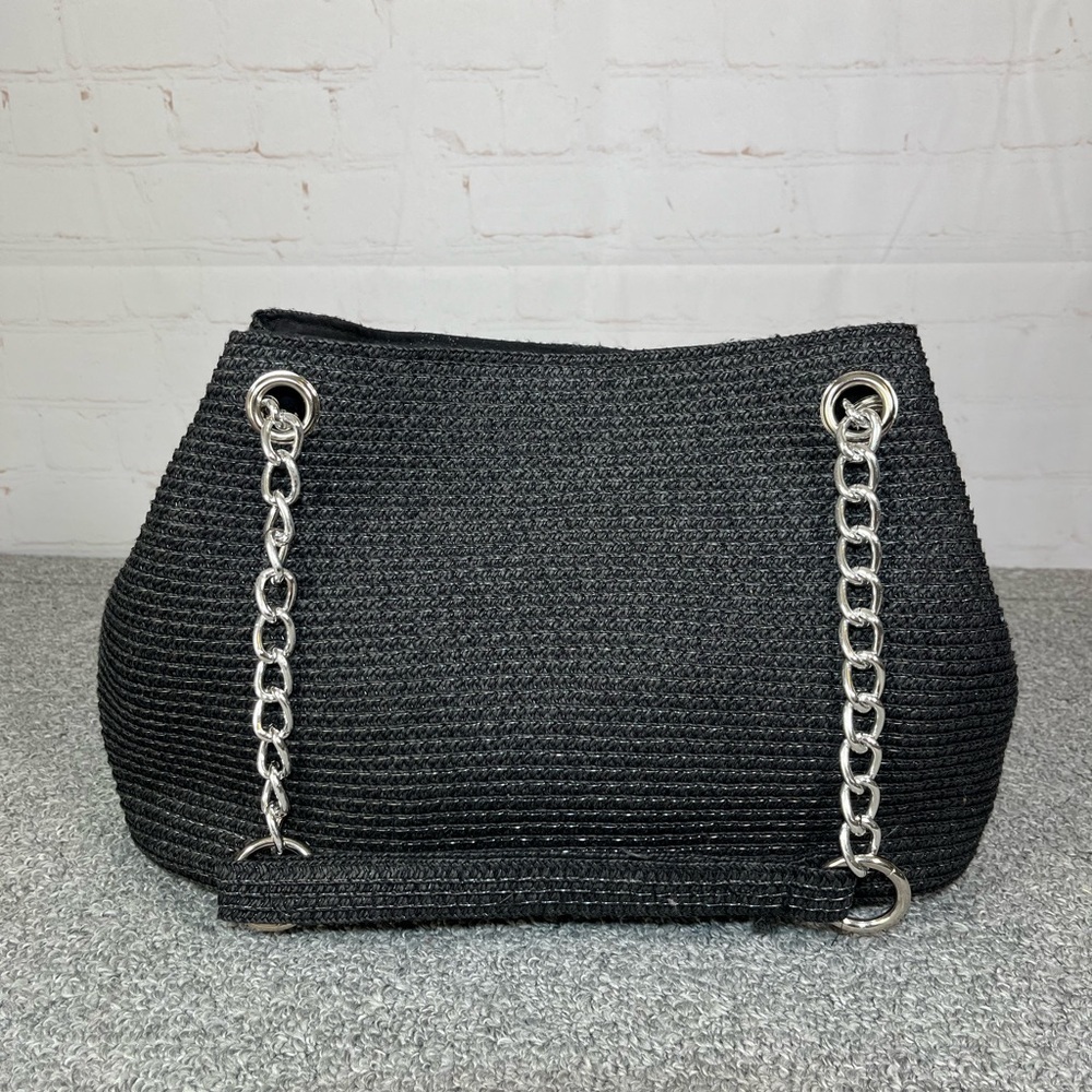 Black Paper Straw Medium Handbag With Chains
